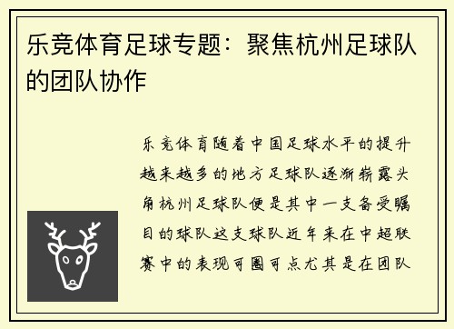 乐竞体育足球专题：聚焦杭州足球队的团队协作